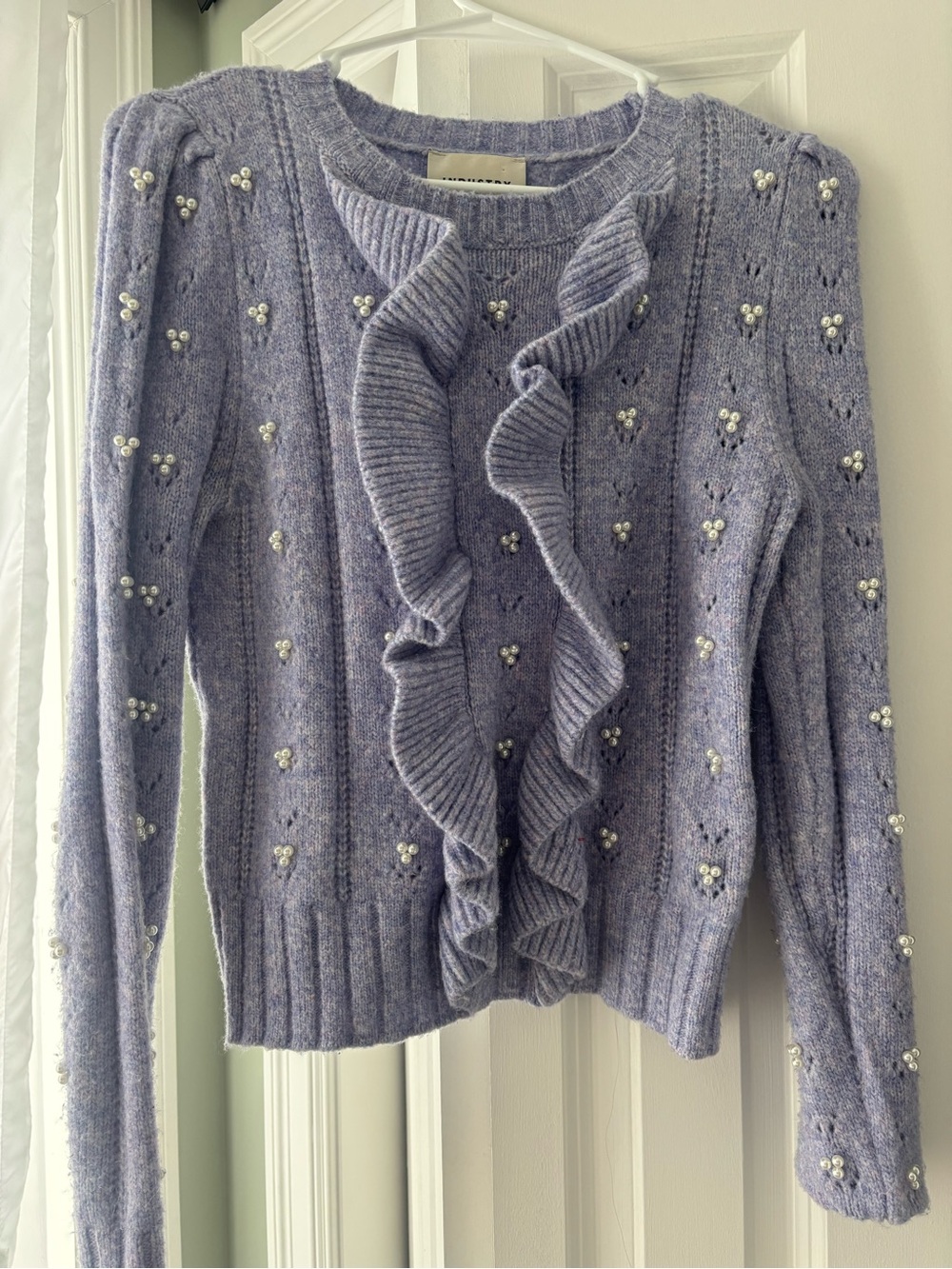 Pearl-Accent Ruffle Front Sweater in Lavender